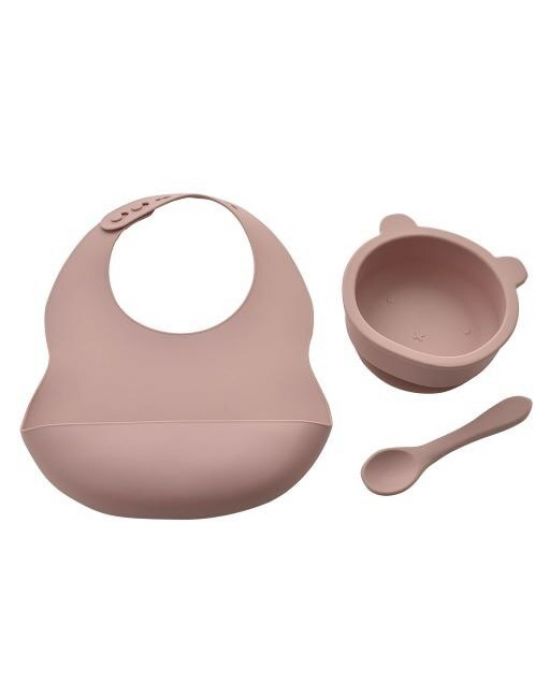 Bambino Baby Silicone Feeding Set Bib, Bowl and Spoon Pink